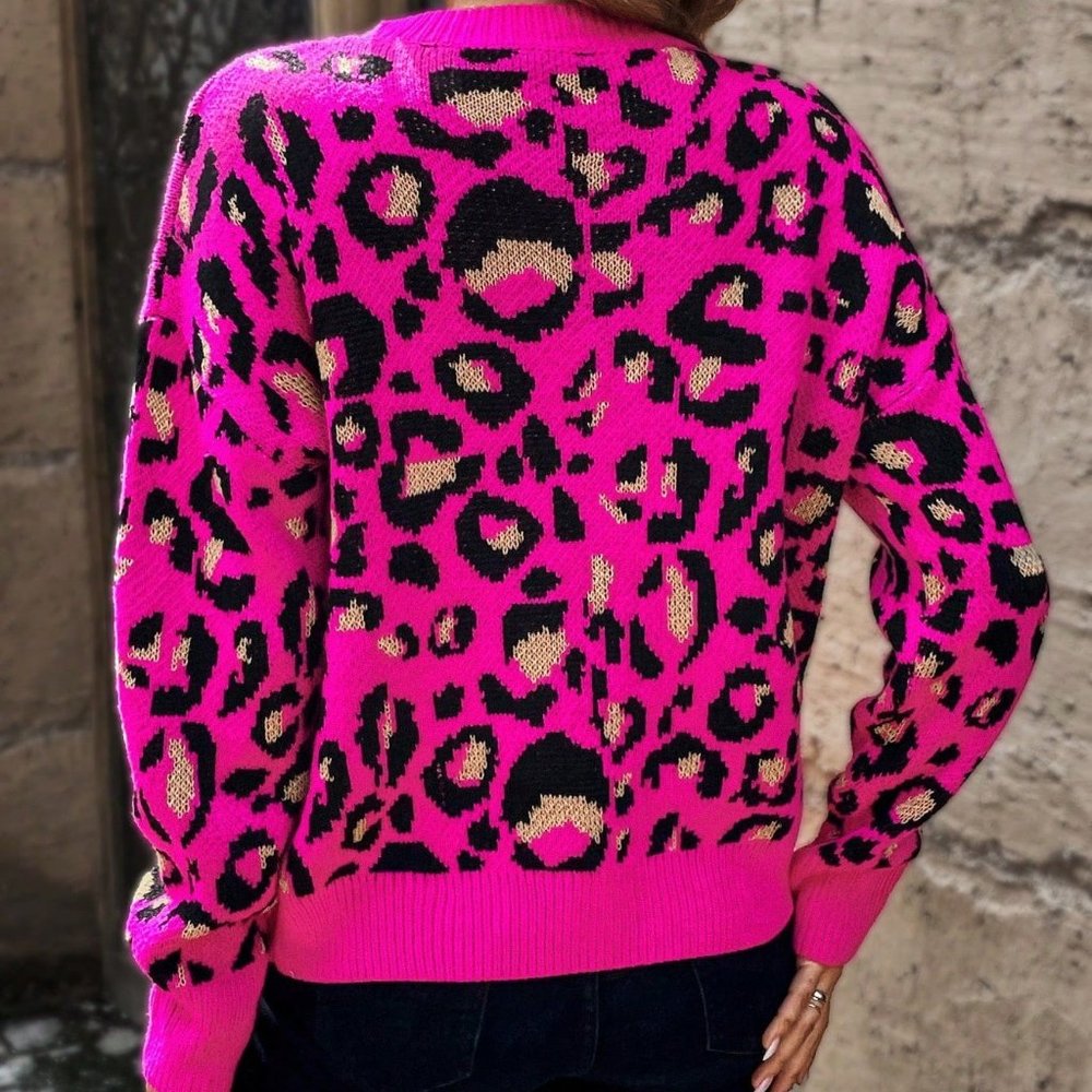 Hot Pink Casual Womens Leopard Pattern Drop Shoulder Sweater - Picture 2 of 5